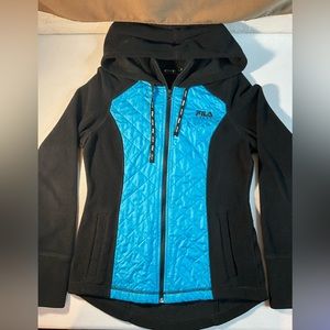 Fila Sport Quilted Fleece Jacket Hoodie Full Zip Black Blue Athletic Small